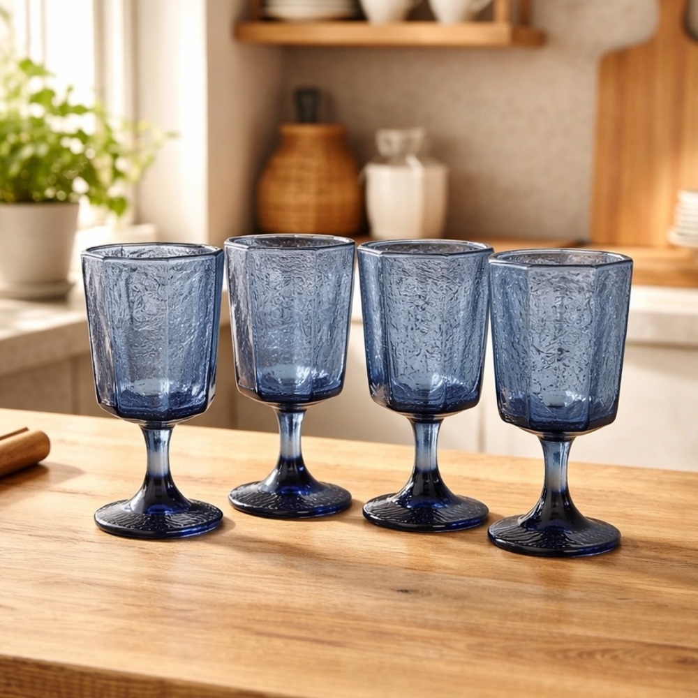 Libbey Cobalt Blue Facets Set of 4 paneled octagon stemmed wine or water goblets